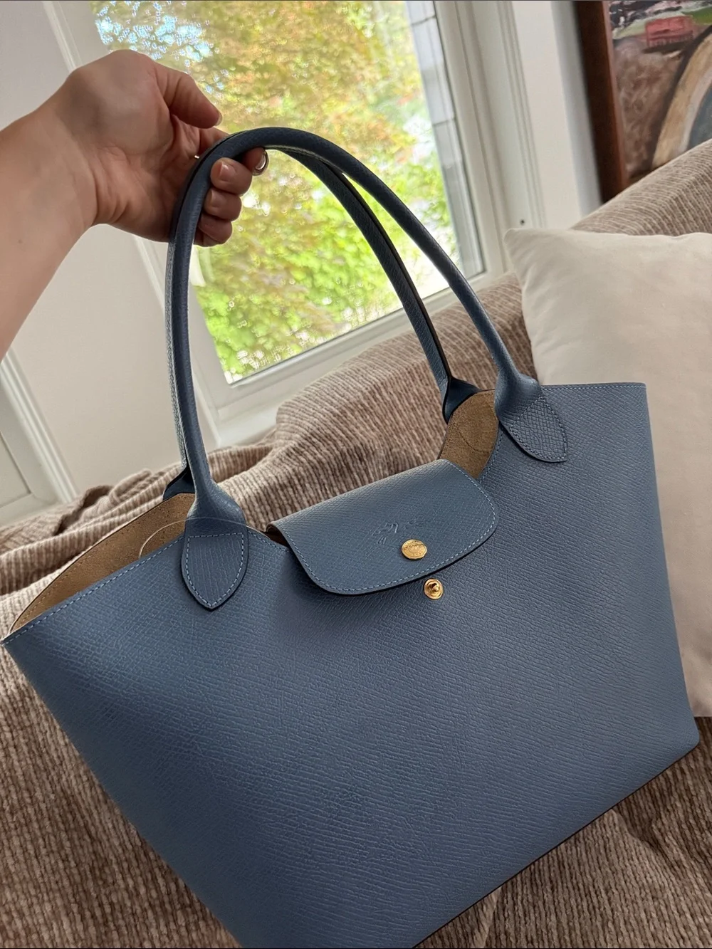 Longchamp Blue Pebbled Leather Tote- Épure shoulder bag in Slate